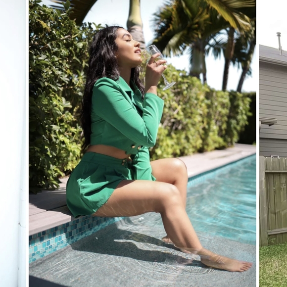 NWT GREEN DOUBLE BREASTED CROPPED MINI SHORT MATCHING SET SIZE: SMALL-LARGE - Picture 7 of 11